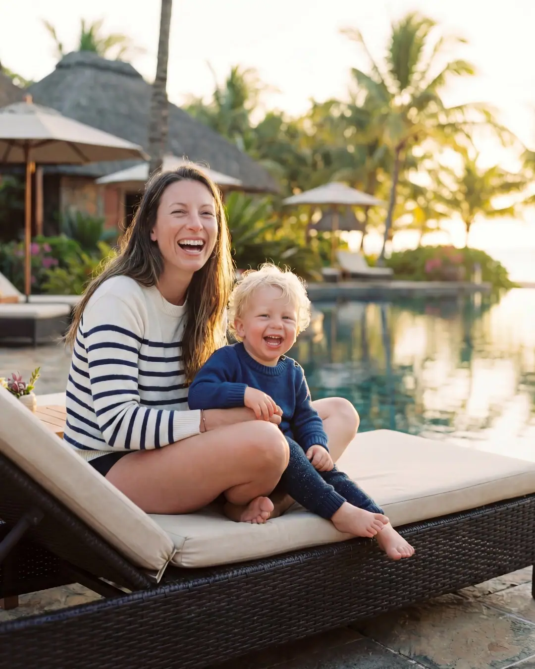 Tropical resort pool with family