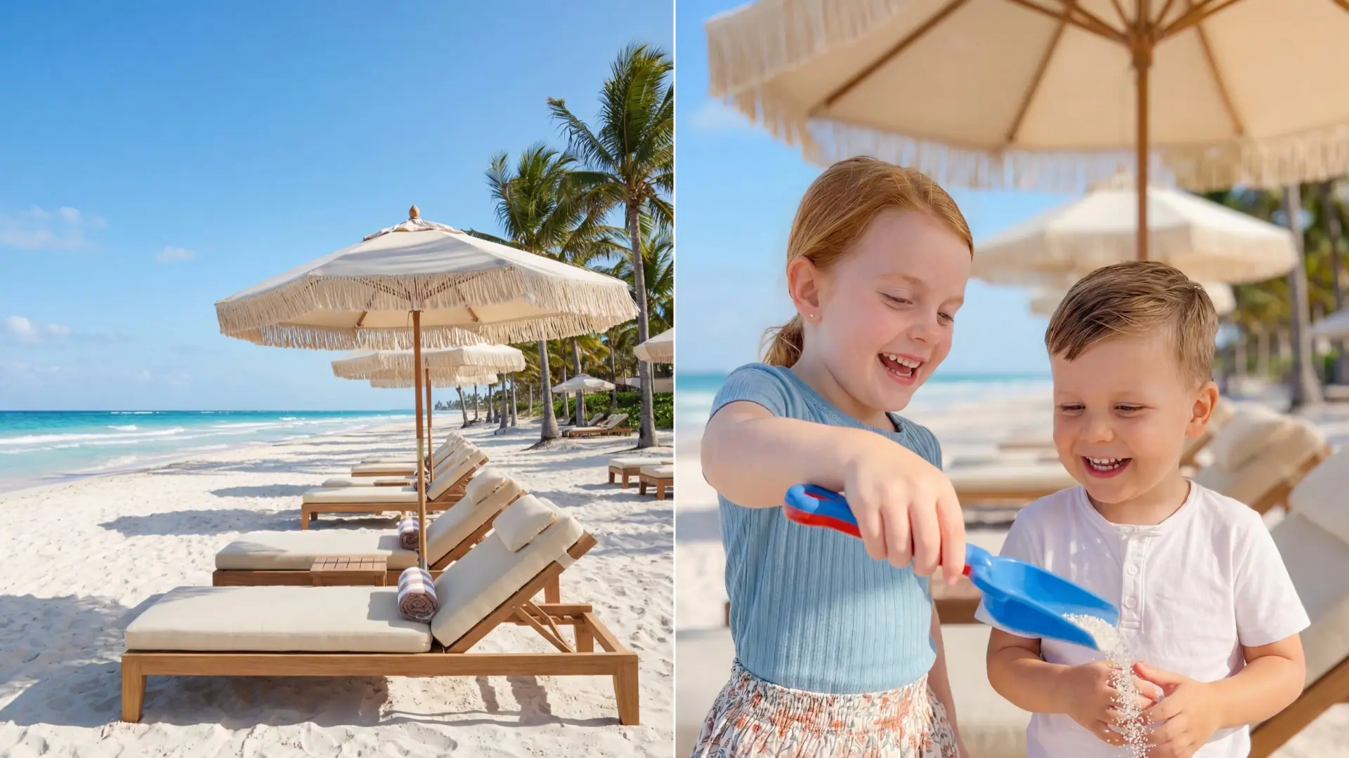Beach scene with kids building sandcastles