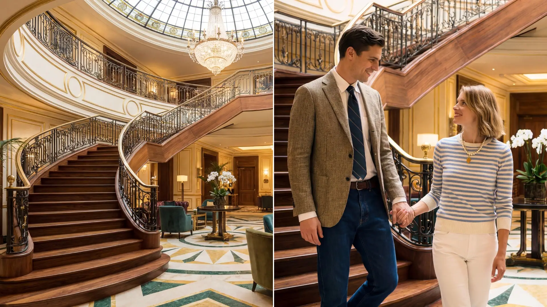Grand hotel staircase with elegant couple